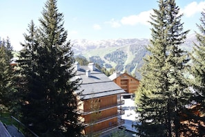 A wooden chalet with a balcony, surrounded by tall evergreen trees and a mountainous backdrop. - 200m from shops, 1st floor, ski locker, 28m², Méribel (Méribel - Les Allues)