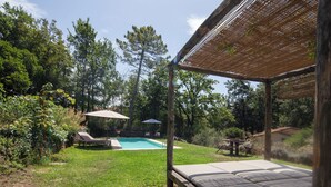 Ein Poolbereich mit Holzterrasse, Liegestuhl und überdachter Sitzgelegenheit.