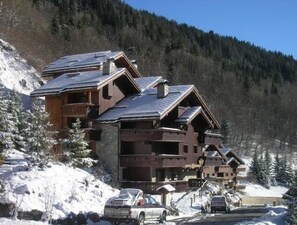 A multi-story wooden building with balconies, surrounded by snow-covered trees and a mountainous backdrop.