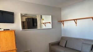 Une pièce avec un canapé gris, un meuble en bois, un téléviseur à écran plat fixé au mur et un miroir qui reflète une partie de la cuisine.