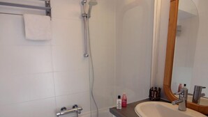Une salle de bain avec une douche, un lavabo et un miroir.