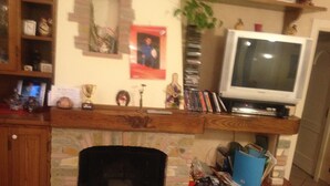 Ein Wohnzimmer mit Kamin, Fernseher und verschiedenen Dekorationen auf Regalen.