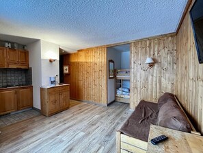 A compact living space with a kitchenette, wooden walls, a sofa, and a small table with a remote control.