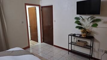 A hotel room with a bed, a television mounted on the wall, a small table with a plant, and a door leading to another room.