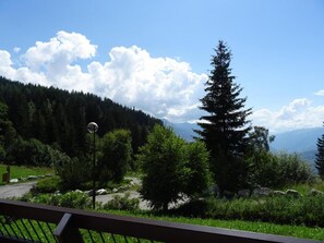 A scenic view of a mountainous landscape with a clear sky, a pathway, and a variety of trees.