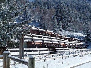 Ein mit Schnee bedecktes Gebäude mit geneigtem Dach, umgeben von schneebedeckten Bäumen.