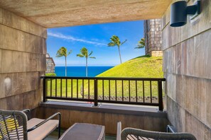 Ein Balkon mit Korbstühlen, Blick auf das Meer und ein grasbewachsener Hügel mit Palmen.
