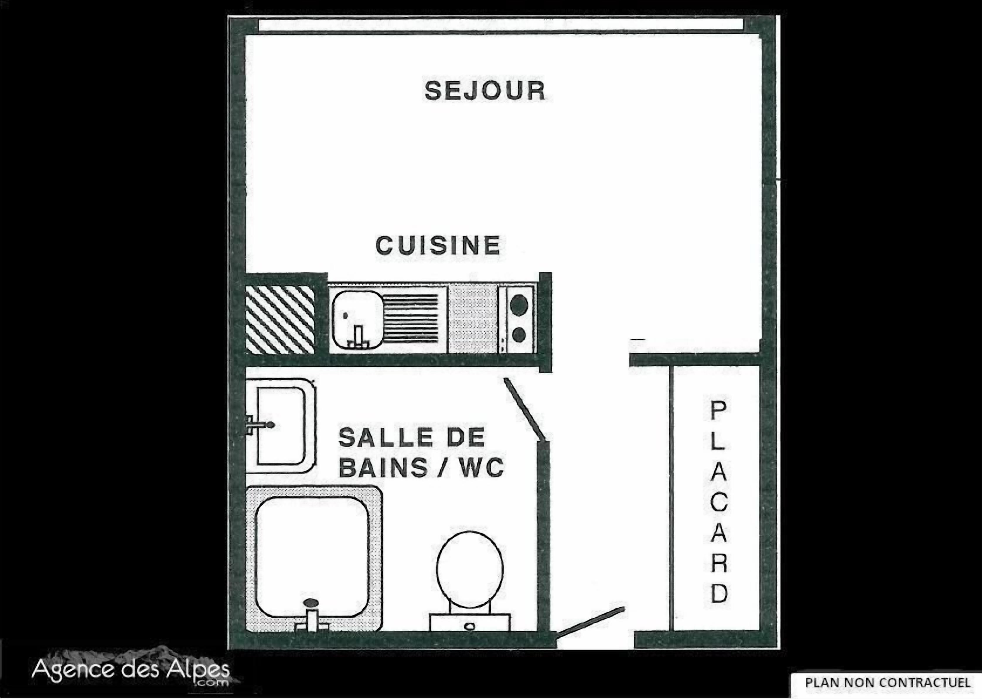 A hotel floor plan with a 'SEJOUR' (guest room) area, a 'CUISINE' (dining area), a 'SALLE DE BAINS / WC' (bathroom), and a 'PLACARD' (sign).