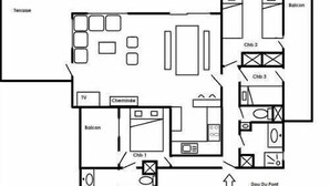A hotel layout with a terrace, balcony, TV, chemist, and a dining area. - 2nd floor, terrace, tv, ski locker, 71m², Méribel (Méribel - Les Allues)