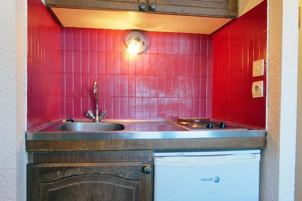A compact kitchenette with a stainless steel sink, a small stove, and a white dishwasher.