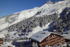 A mountain lodge with a wooden facade, surrounded by snow-covered trees and a clear blue sky.