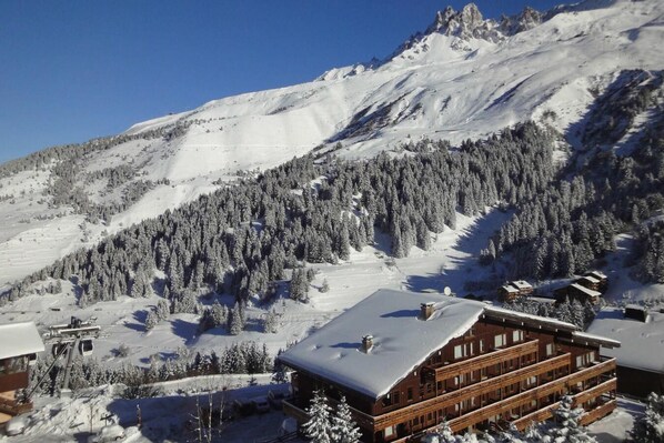 Experience the mountain lodge's expansive balconies overlooking snow-covered trees and a ski slope.