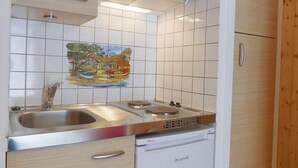 A compact kitchen with a sink, stove, and dishwasher. A decorative tile mural is on the wall. - 50m from ski slopes, Ground floor, 14m², Méribel-Mottaret (Méribel - Les Allues)
