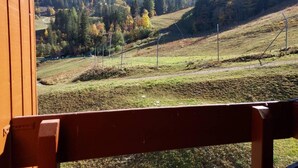 A wooden cabin with a view of a mountainous landscape. - Ski-in/ski-out & foot of the slopes, 3rd floor, view ski slopes, balcony, tv, ski locker, 36m² (Valmorel)