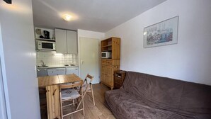 A compact living space with a kitchenette, a dining area, and a sofa.