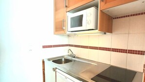 A compact kitchen with wooden cabinets, a built-in microwave, a stainless steel sink, and a compact dishwasher.