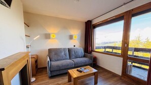 A cozy living room with a grey sofa, wooden coffee table, and a large window offering a view of trees and mountains. - 50m from ski slopes, 2nd floor, view mountain, balcony, tv, ski locker, 27m², Montchavin La Plagne (Bellentre)