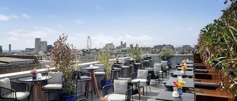 A rooftop terrace with outdoor seating, potted plants, and a city skyline view.
