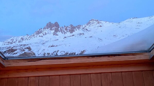 A mountain view through a skylight.
