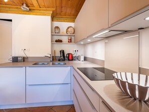 A modern kitchen with a built-in oven, a sink, and a stainless steel bowl on the counter. - 130m from ski slopes, 1st floor, view resort, balcony, ski locker, 44m², Méribel-Mottaret (Méribel - Les Allues)