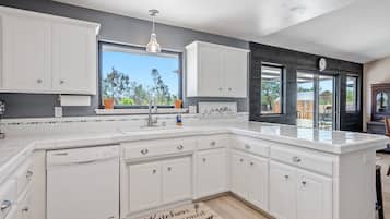 Microwave, stovetop, dishwasher, coffee/tea maker