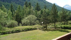 A grassy area with trees and a mountain in the background.