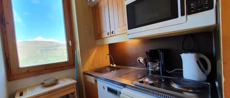 Fridge, oven, coffee/tea maker, toaster