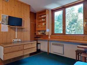 A wooden cabin with a kitchen area, a television, and a window with a forest view.