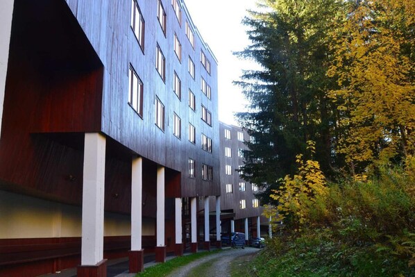 Stunning building with a grid-patterned facade, surrounded by lush greenery and a paved pathway.
