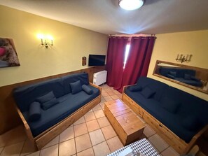 A room with two sofas, a small table, a radiator, and a television.