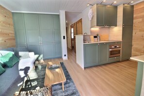 Een knus leefruimte met een kitchenette, een bank en een salontafel.