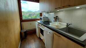 Una cocina compacta con armarios de madera, horno empotrado, lavavajillas y ventana con vistas a un paisaje verde.