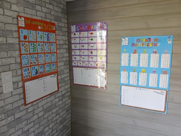 A classroom wall with educational posters, including a number chart and multiplication tables.
