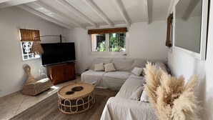 Un salón comedor amplio con techo alto, un ventanal grande, un sofá, un televisor y un jarrón decorativo.