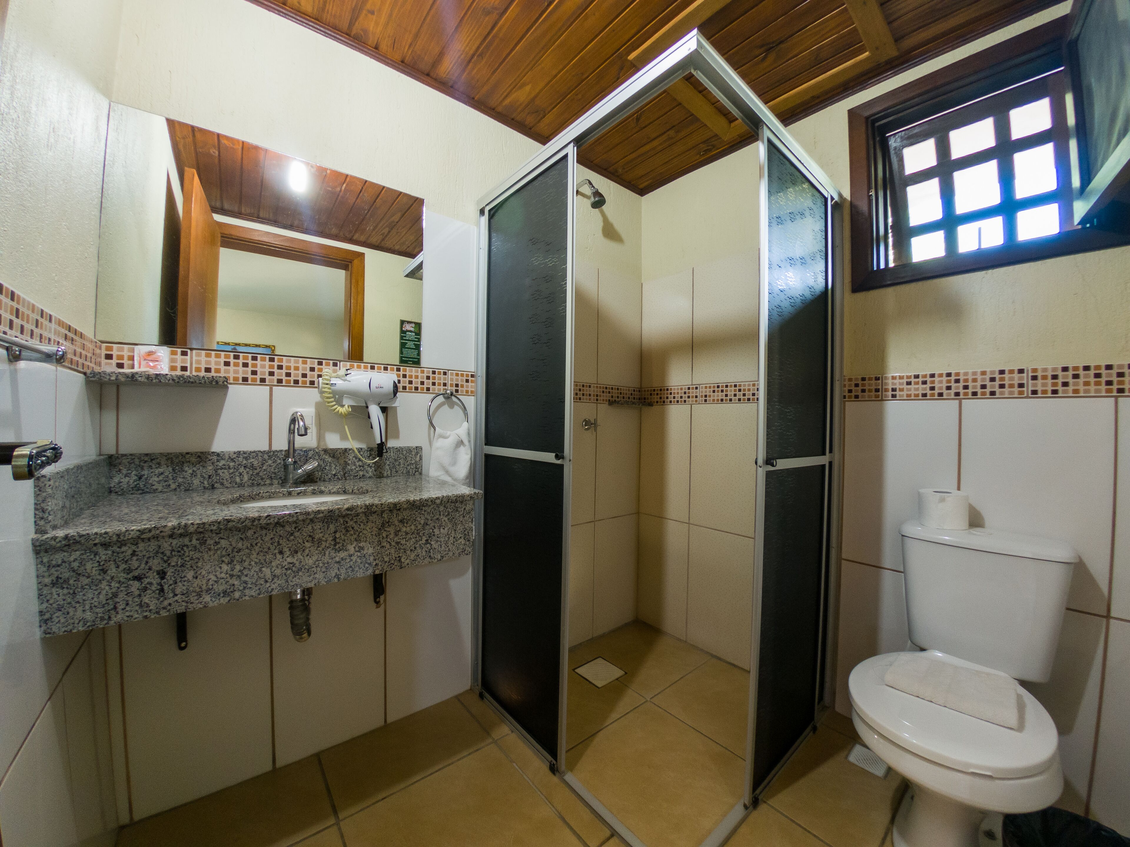A bathroom with a sink, mirror, toilet, and shower stall.
