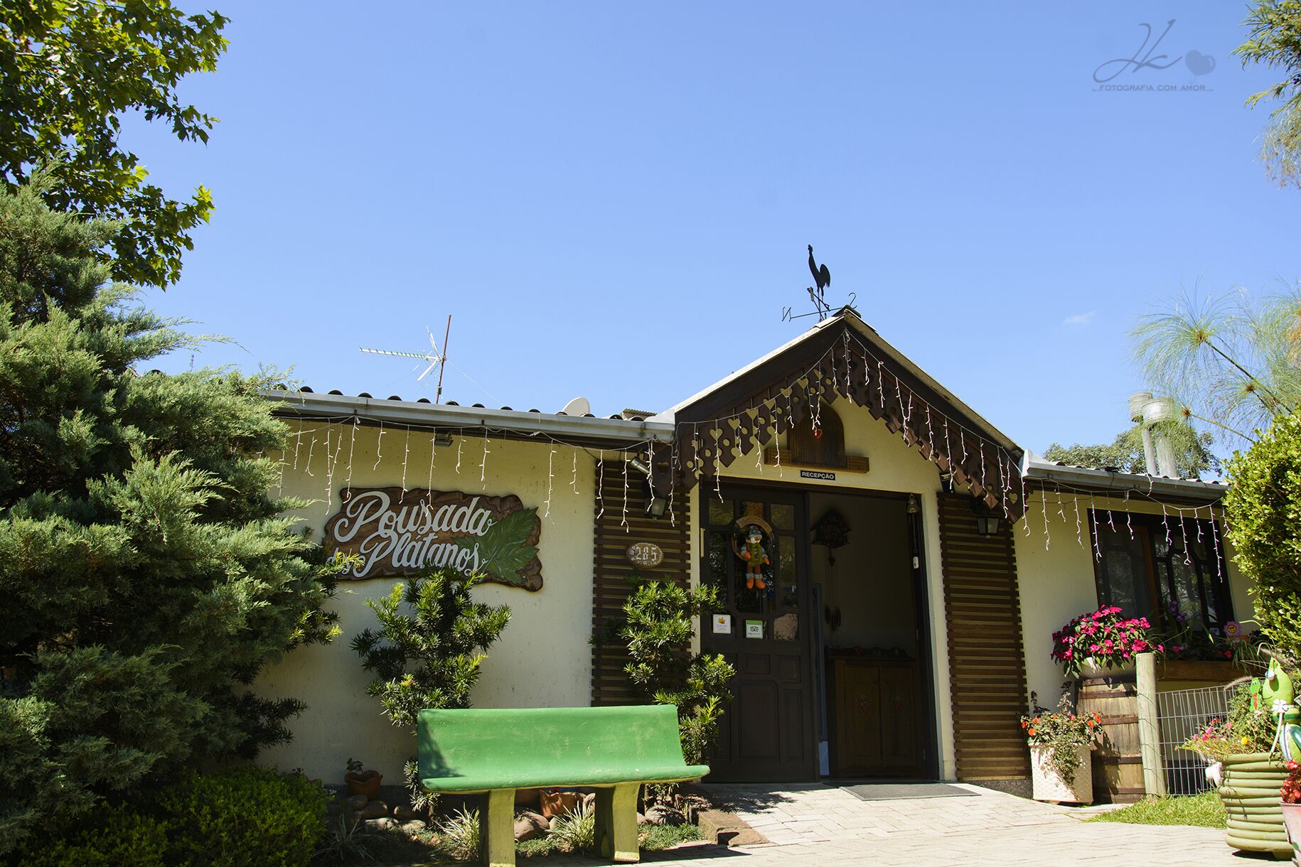 A building with a sign reading "Pawsada Platanos" and a green bench outside.