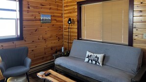 L'intérieur d'un chalet accueillant, avec des murs en bois, un canapé agrémenté d'un coussin à motifs de montagne, un fauteuil et une table avec une télécommande.