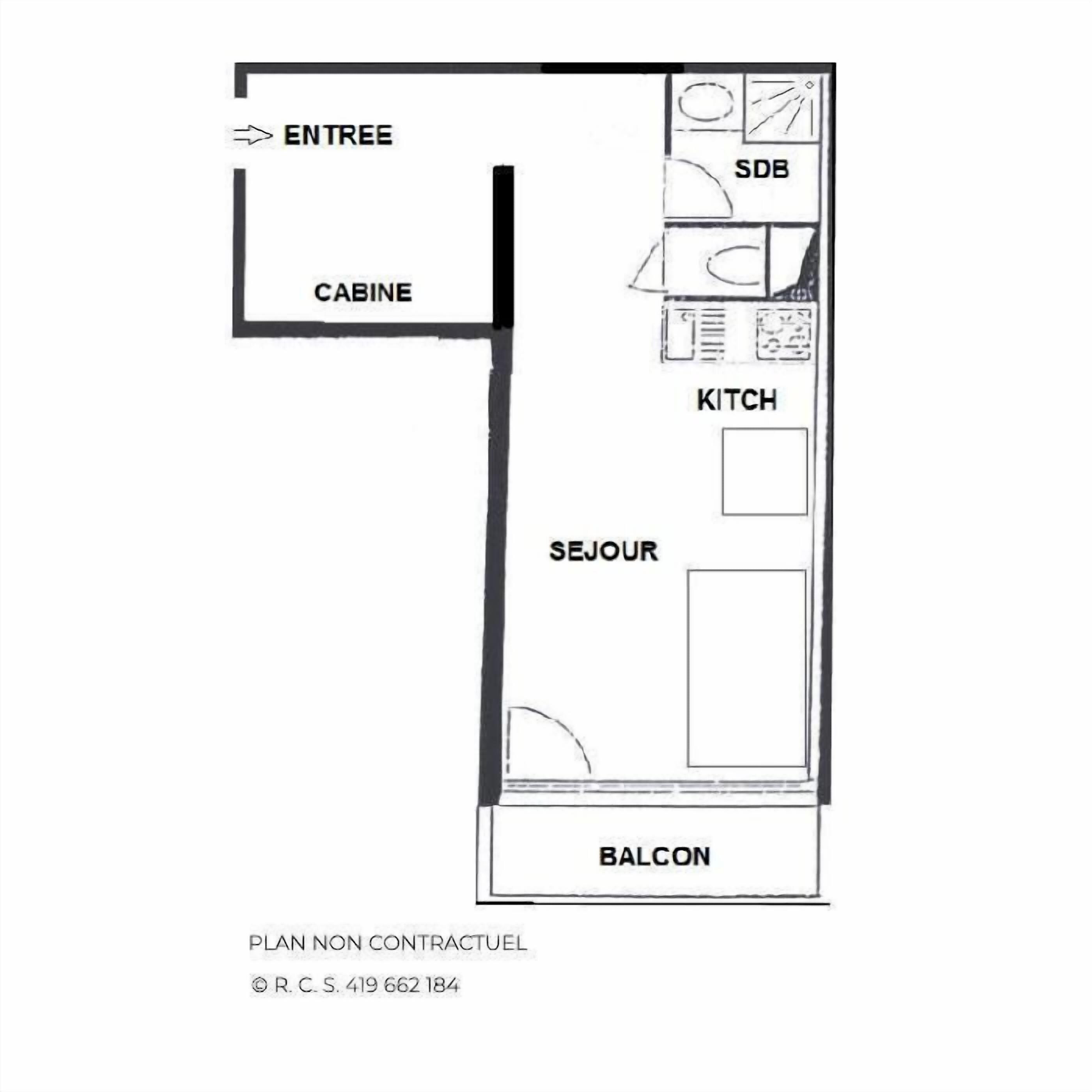 A floor plan with an entrance, a kitchen, a balcony, and a living area.
