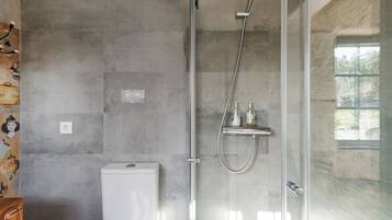 Ducha, secador de pelo, toallas y papel higiénico