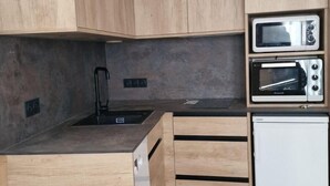 A compact kitchen with wooden cabinetry, a built-in microwave, a small refrigerator, and a sink. - Resort center, 1st floor, balcony, parking, tv, ski locker, 31m², Valloire (Valloire)