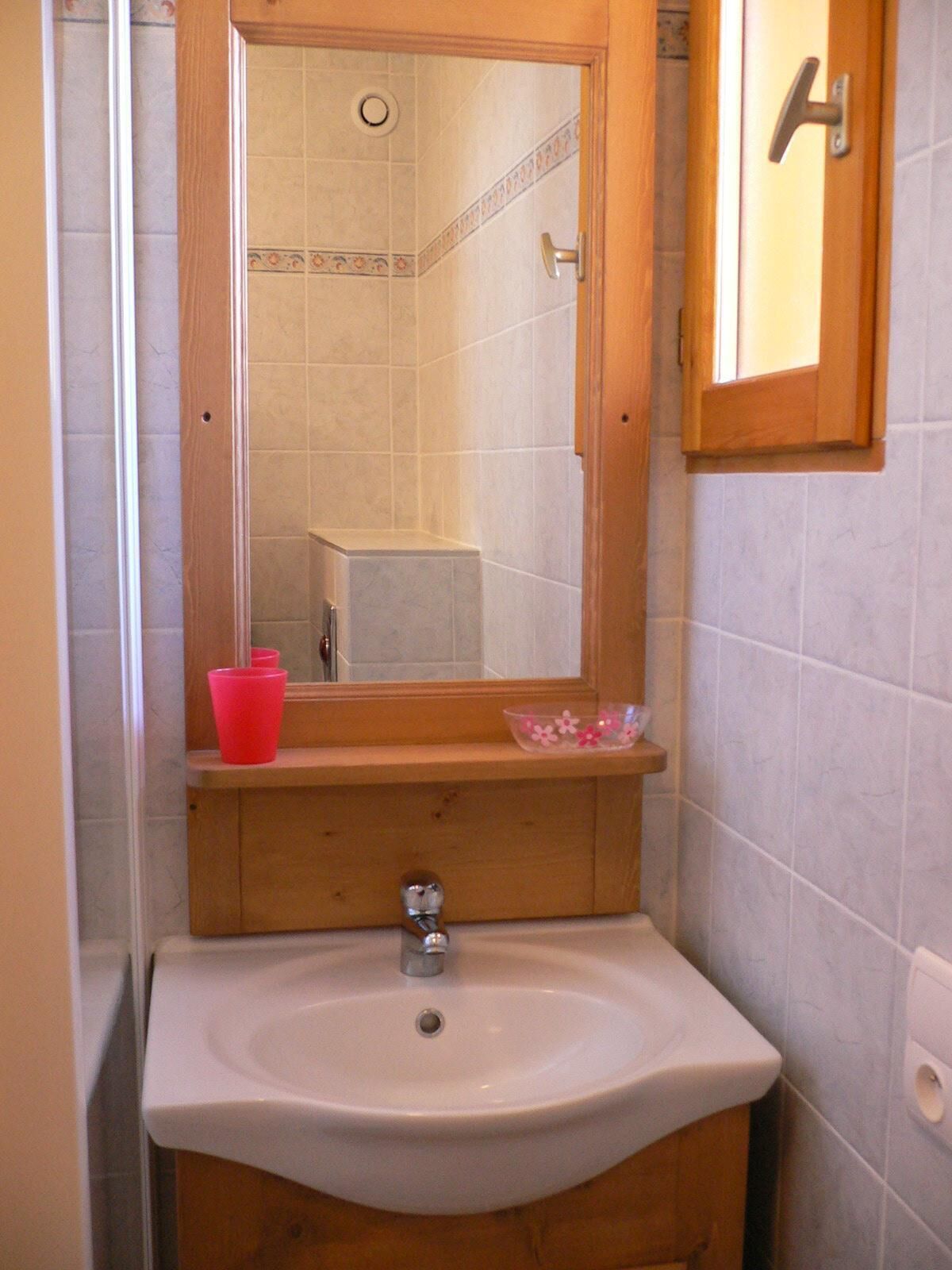 A bathroom with a sink, mirror, and shower.