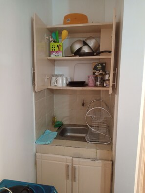 Kjøleskap, mikrobølgeovn, kokeplater og vannkoker