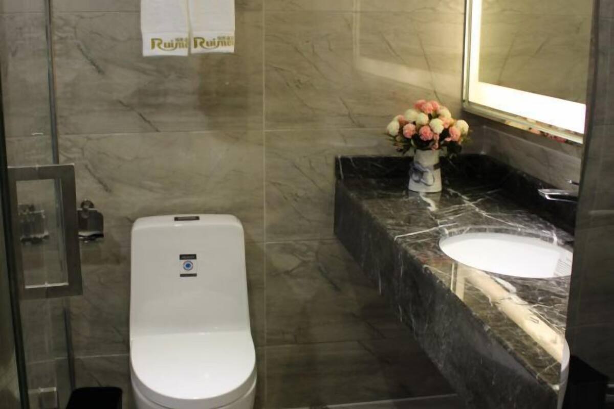 A bathroom with a toilet, a sink, and a shower area.