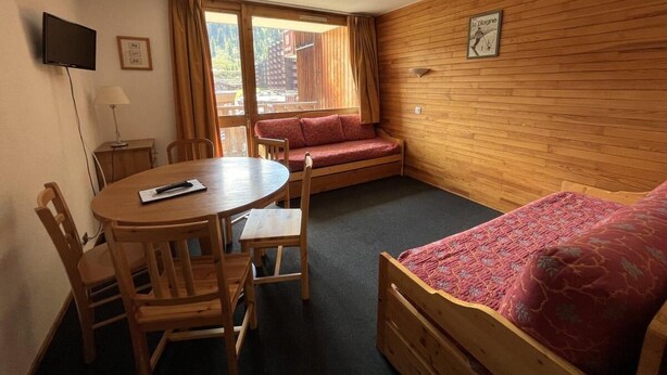Een kamer met een houten wand, een bed, een bank, een tafel met stoelen en een televisie.