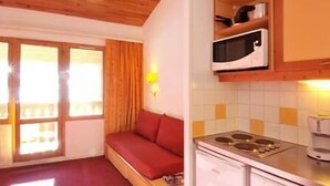 A compact kitchen with a stove, microwave, and cabinets. - 100m from ski slopes, terrace, tv, 23m², Montchavin La Plagne (Bellentre)