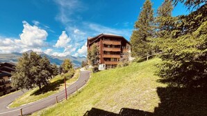 A multi-story building with a sloped roof, surrounded by trees and a road. - 250m from ski slopes, 3rd floor, balcony, tv, ski locker, 20m², Peisey-Vallandry (Landry)