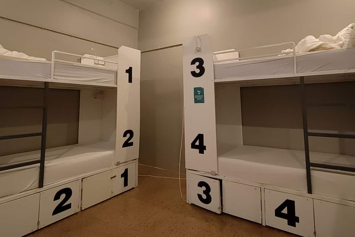 A dormitory room with bunk beds labeled 1 to 4, a ceiling fan, and a light fixture.