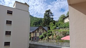 A view of a bridge connecting two buildings, with a hillside and trees in the background.