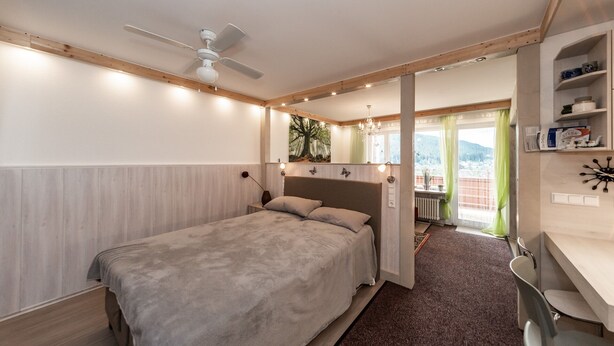 Une chambre avec un lit, un ventilateur de plafond, une fenêtre donnant sur un beau paysage et un coin cuisine.