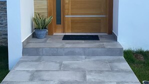 A modern entrance with a wooden door, a potted plant, and a concrete staircase.